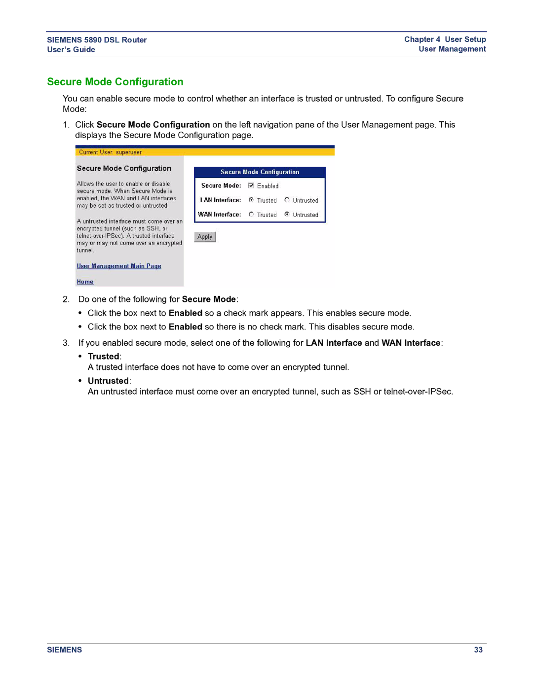 Siemens 5890 manual Secure Mode Configuration, Trusted, Untrusted 