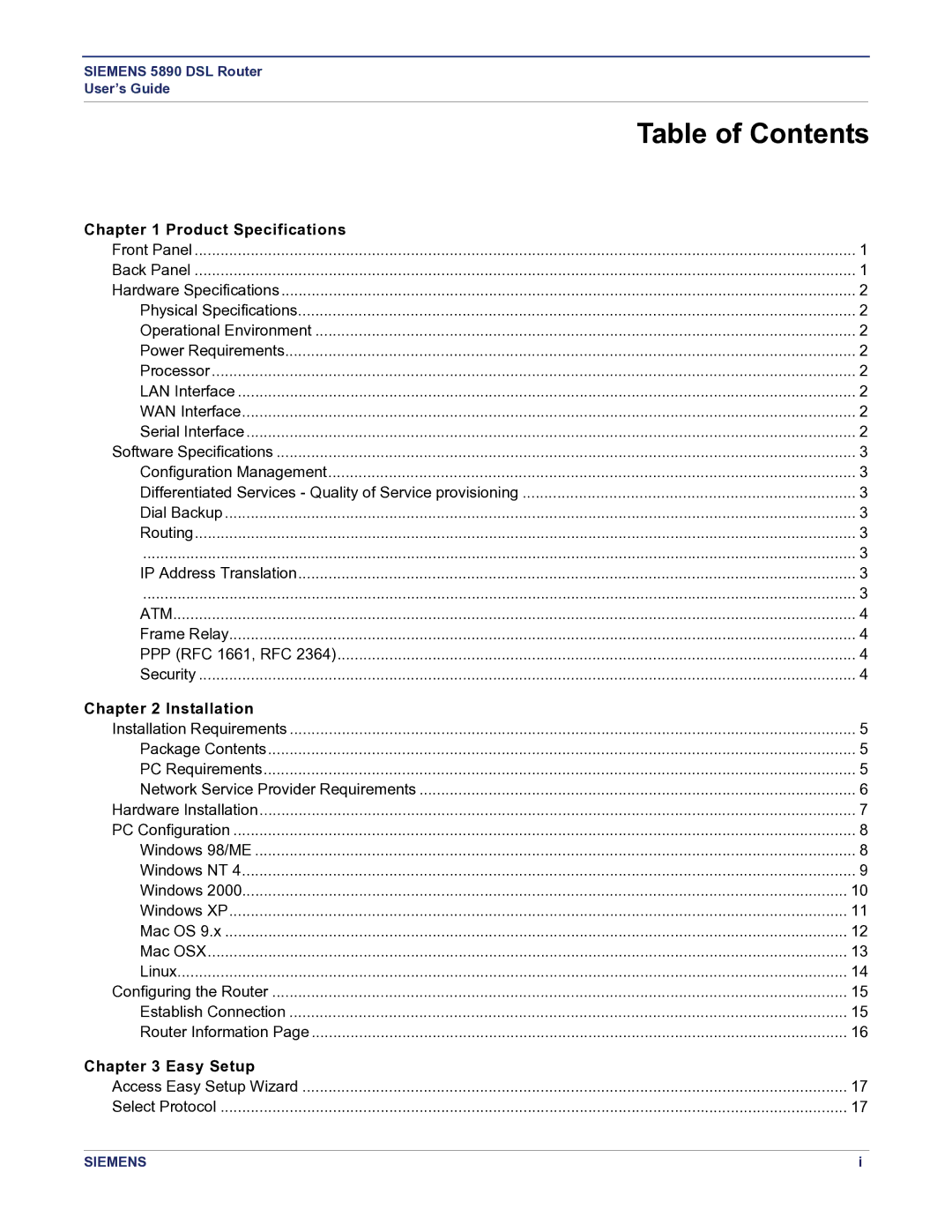 Siemens 5890 manual Table of Contents 