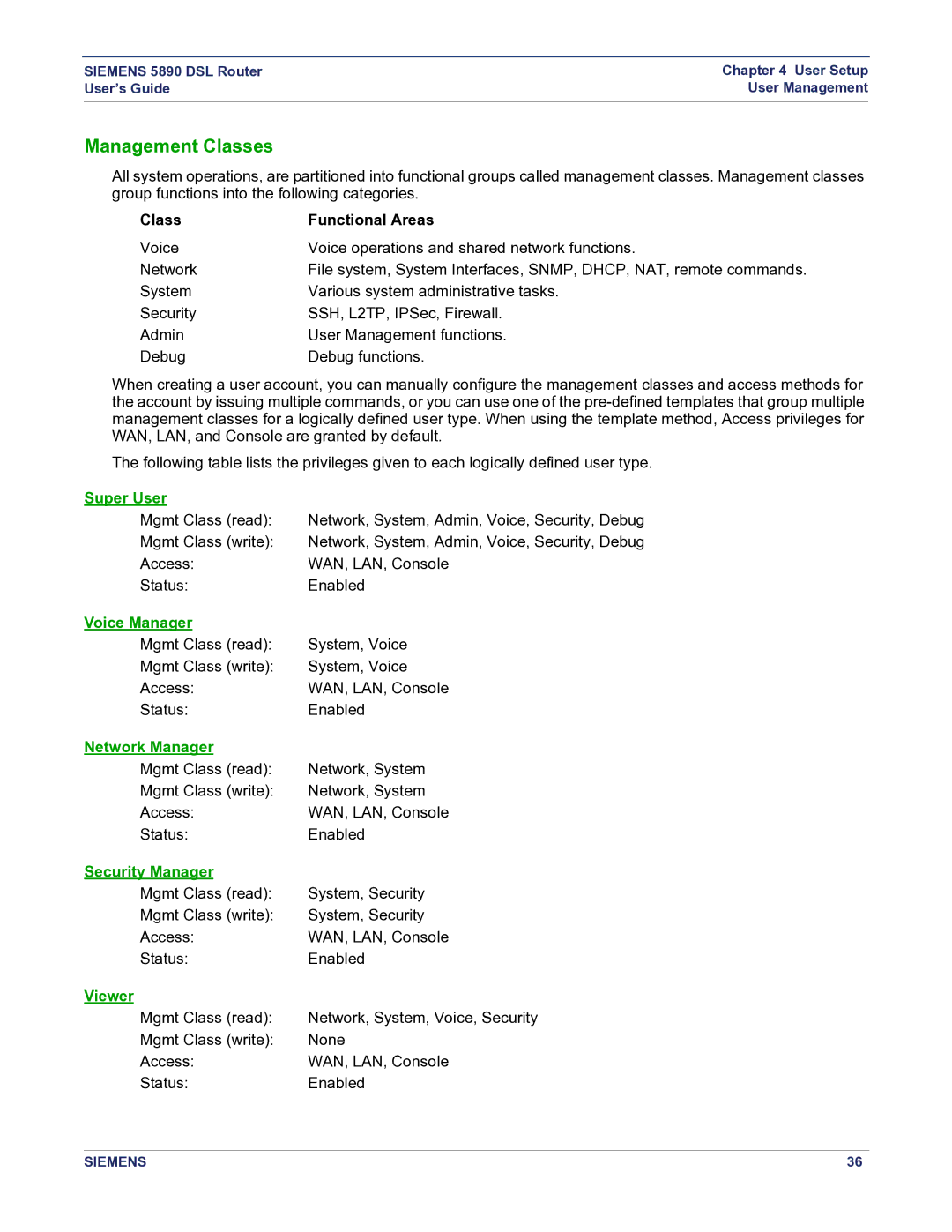 Siemens 5890 manual Management Classes, Class Functional Areas 