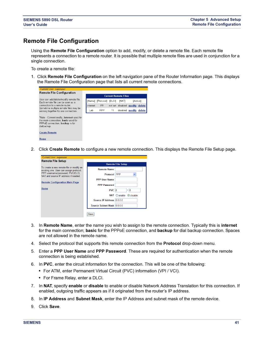 Siemens 5890 manual Remote File Configuration 