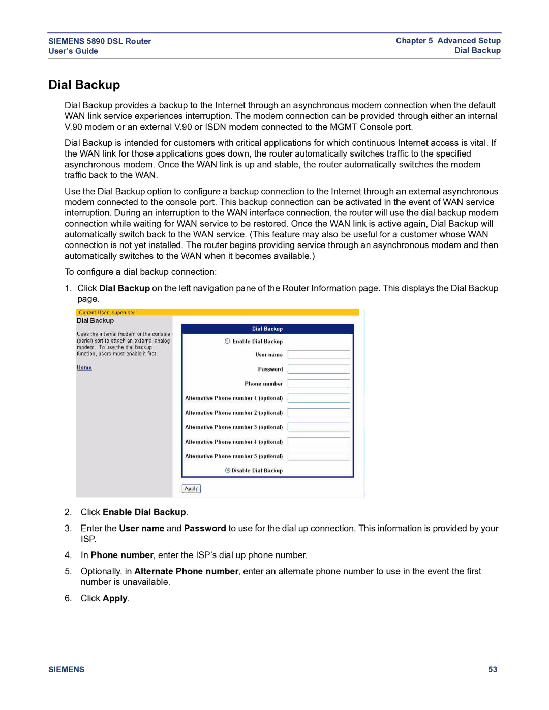 Siemens 5890 manual Click Enable Dial Backup 