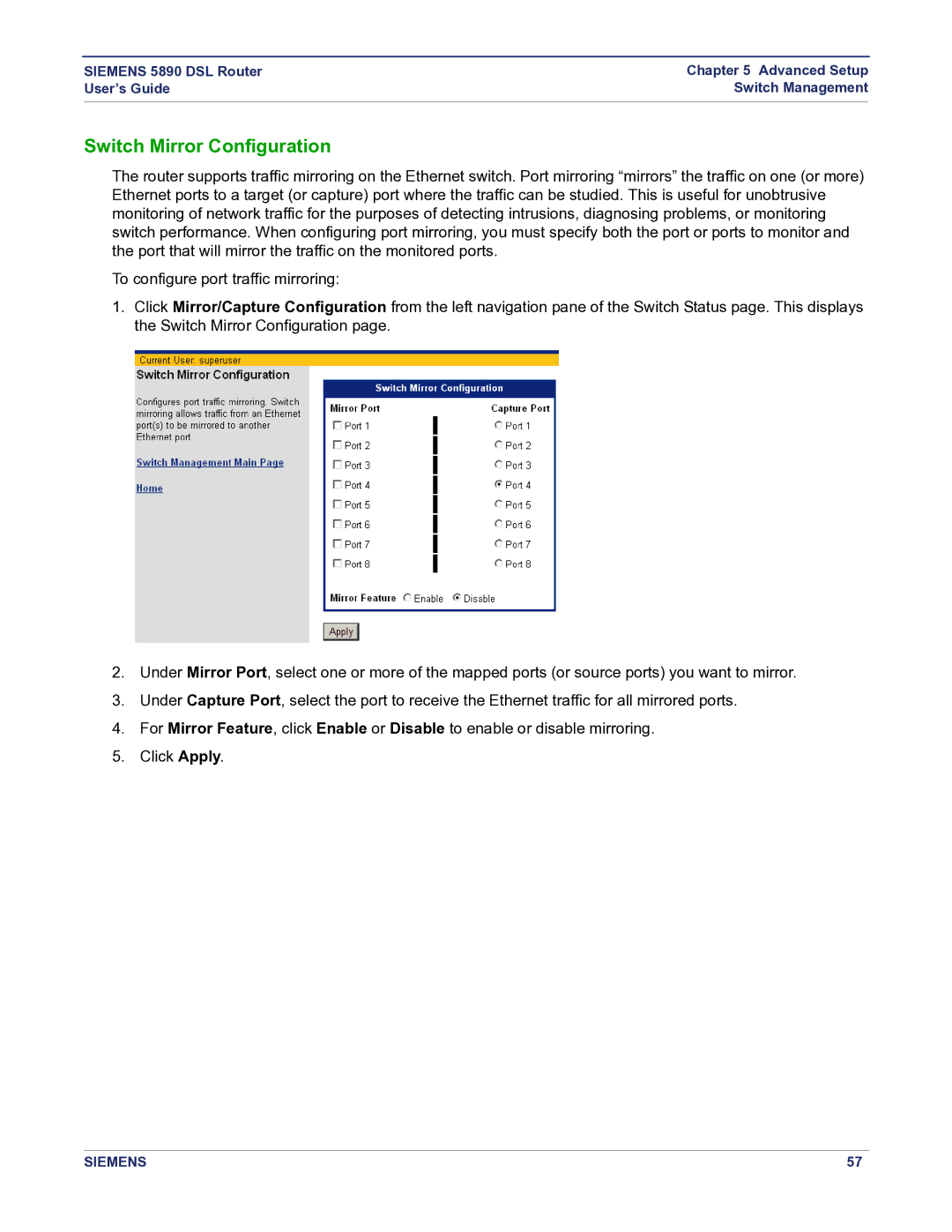 Siemens 5890 manual Switch Mirror Configuration 