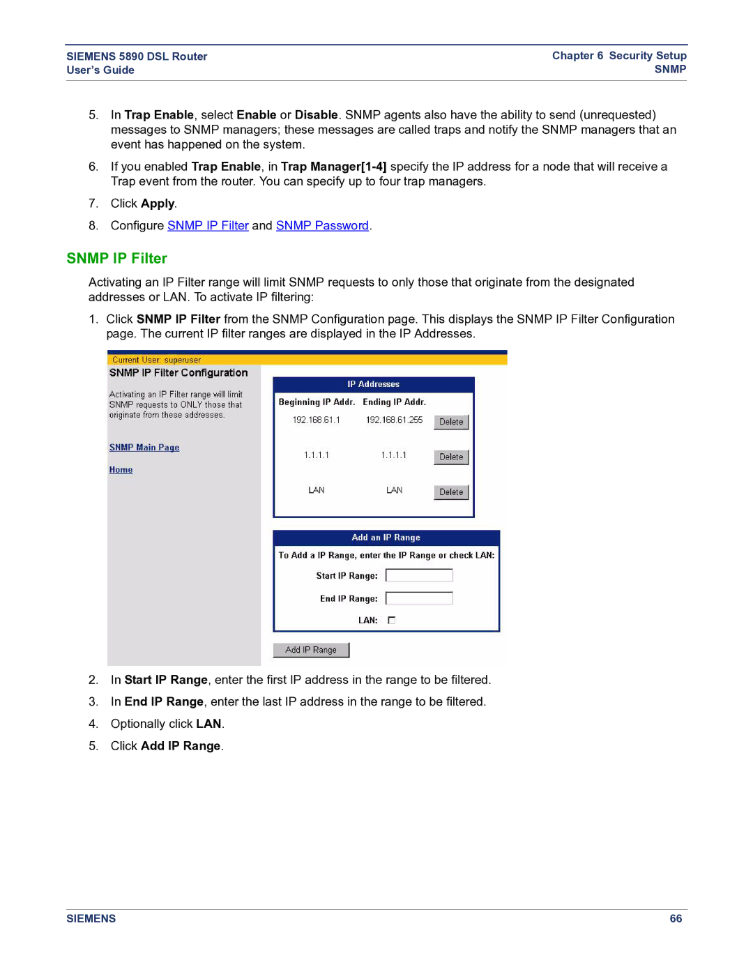 Siemens 5890 manual Snmp IP Filter, Click Add IP Range 