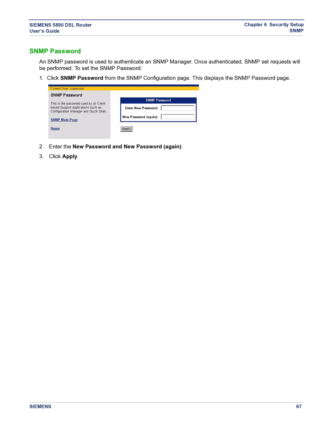 Siemens 5890 manual Snmp Password, Enter the New Password and New Password again 