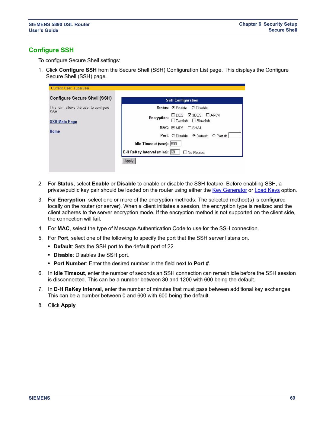 Siemens 5890 manual Configure SSH 