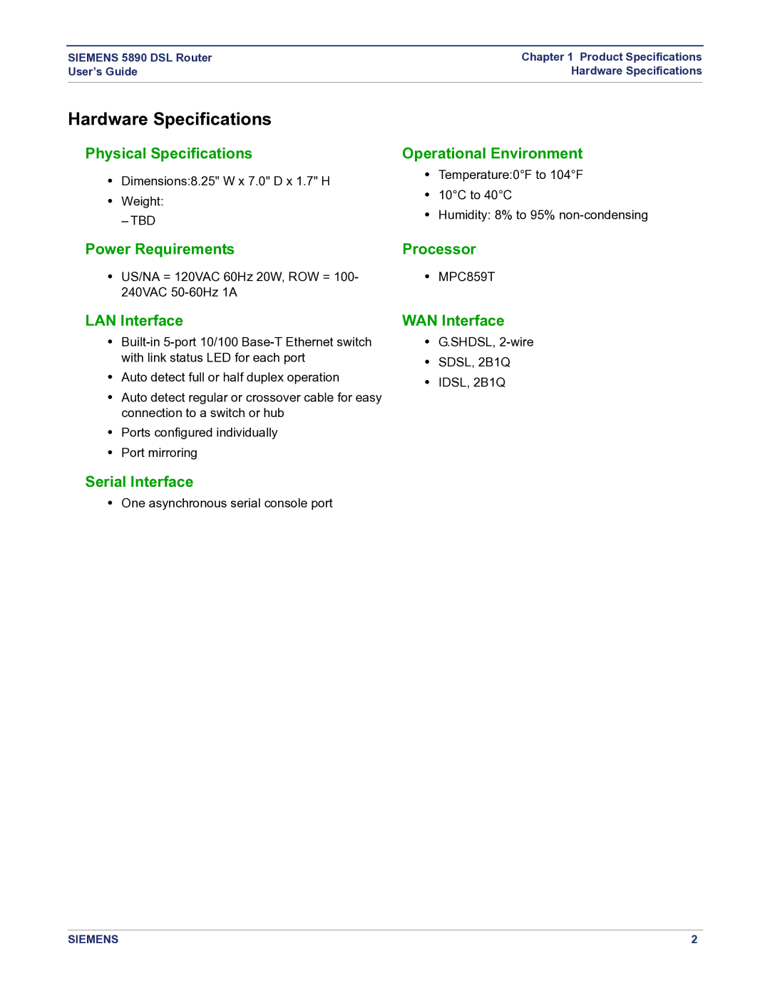 Siemens 5890 manual Hardware Specifications 