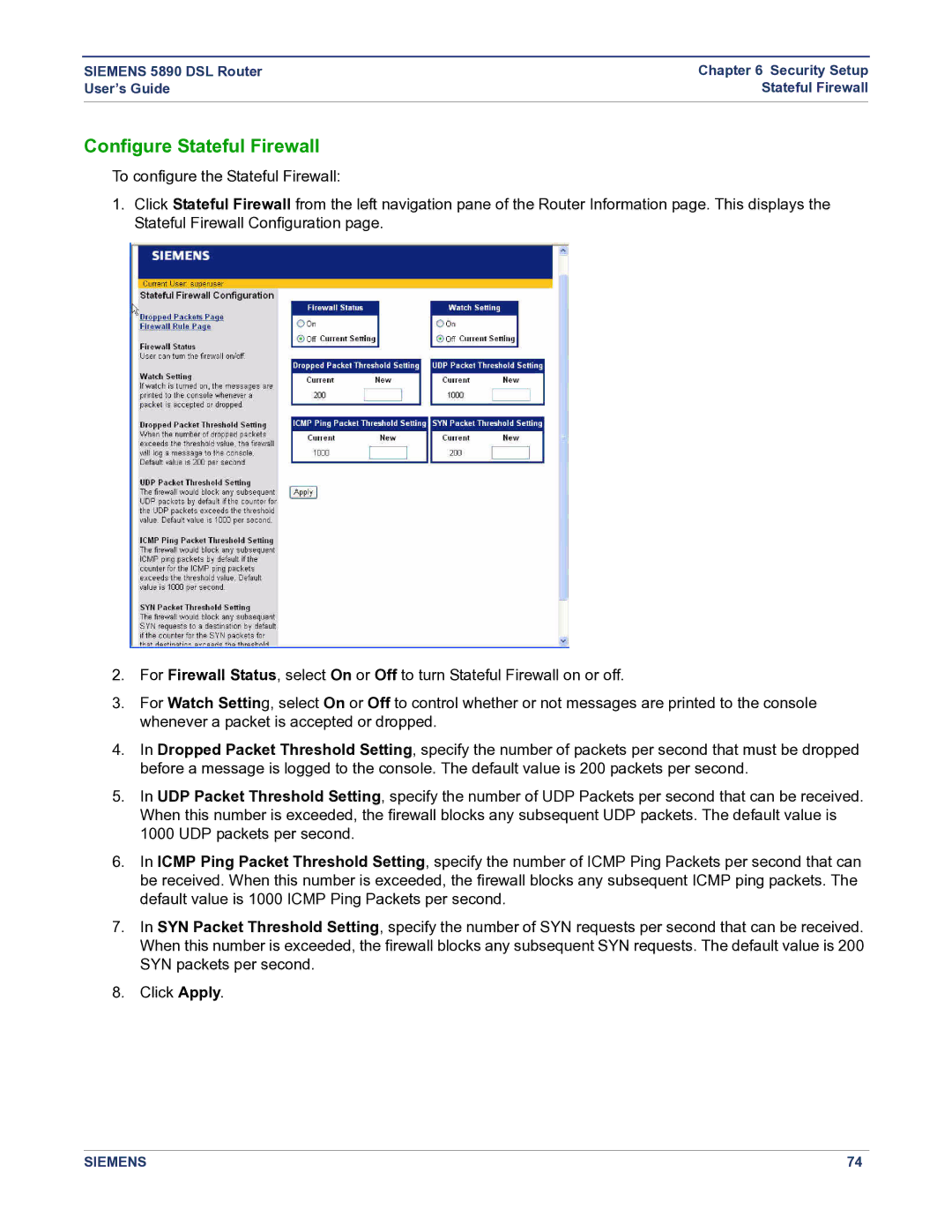 Siemens 5890 manual Configure Stateful Firewall 