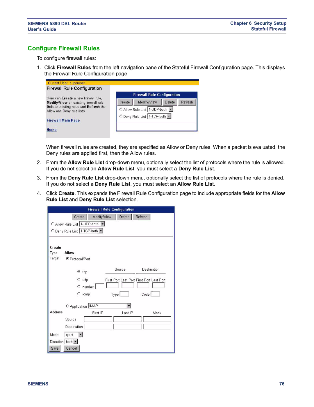 Siemens 5890 manual Configure Firewall Rules 