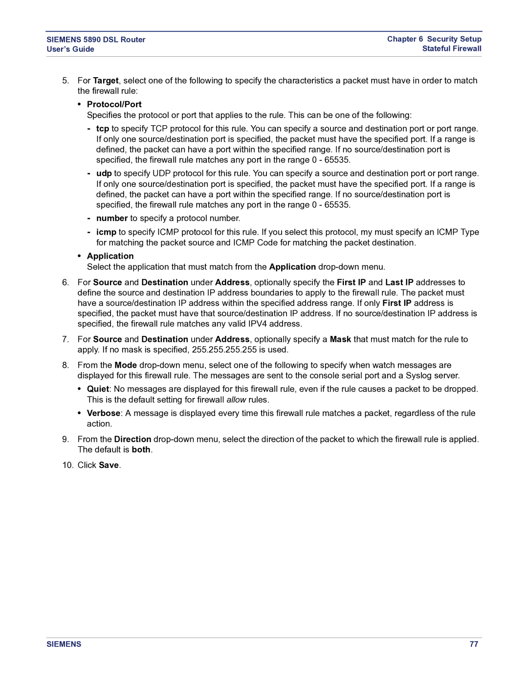 Siemens 5890 manual Protocol/Port, Application 