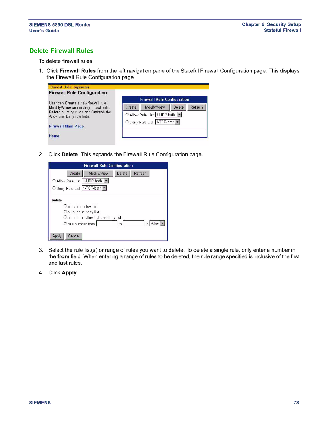 Siemens 5890 manual Delete Firewall Rules 