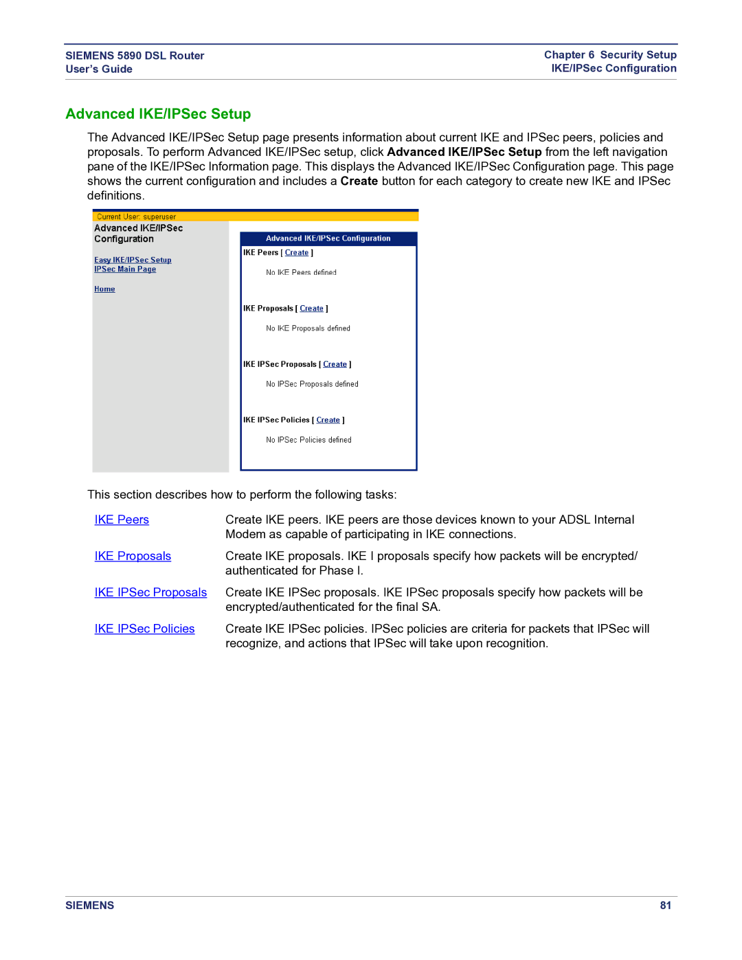 Siemens 5890 manual Advanced IKE/IPSec Setup, IKE Peers 