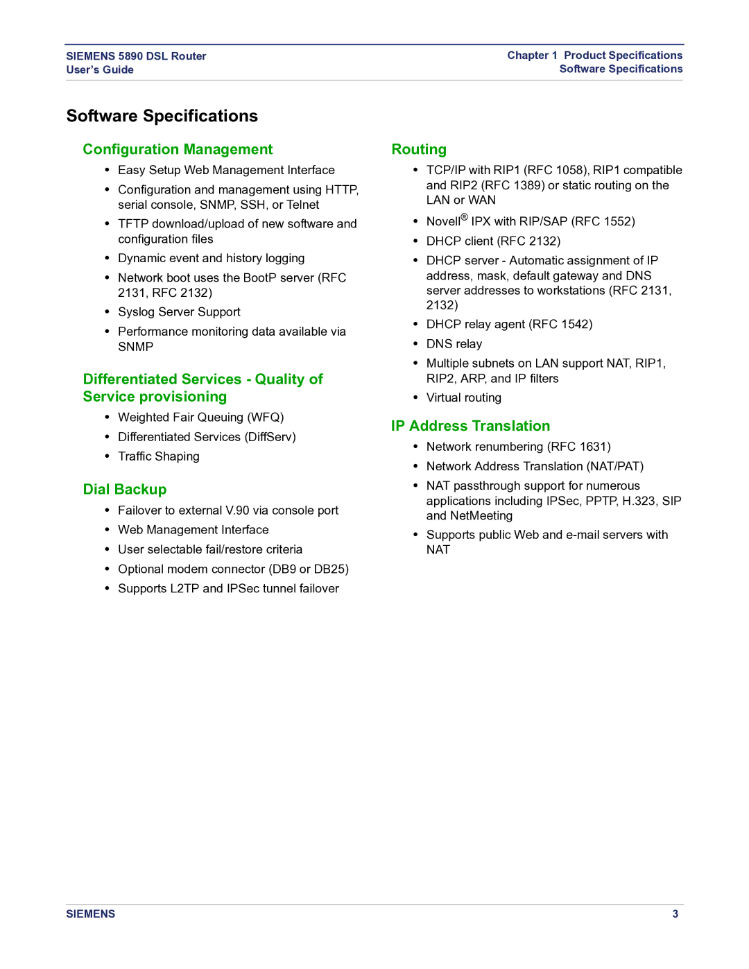 Siemens 5890 manual Software Specifications 