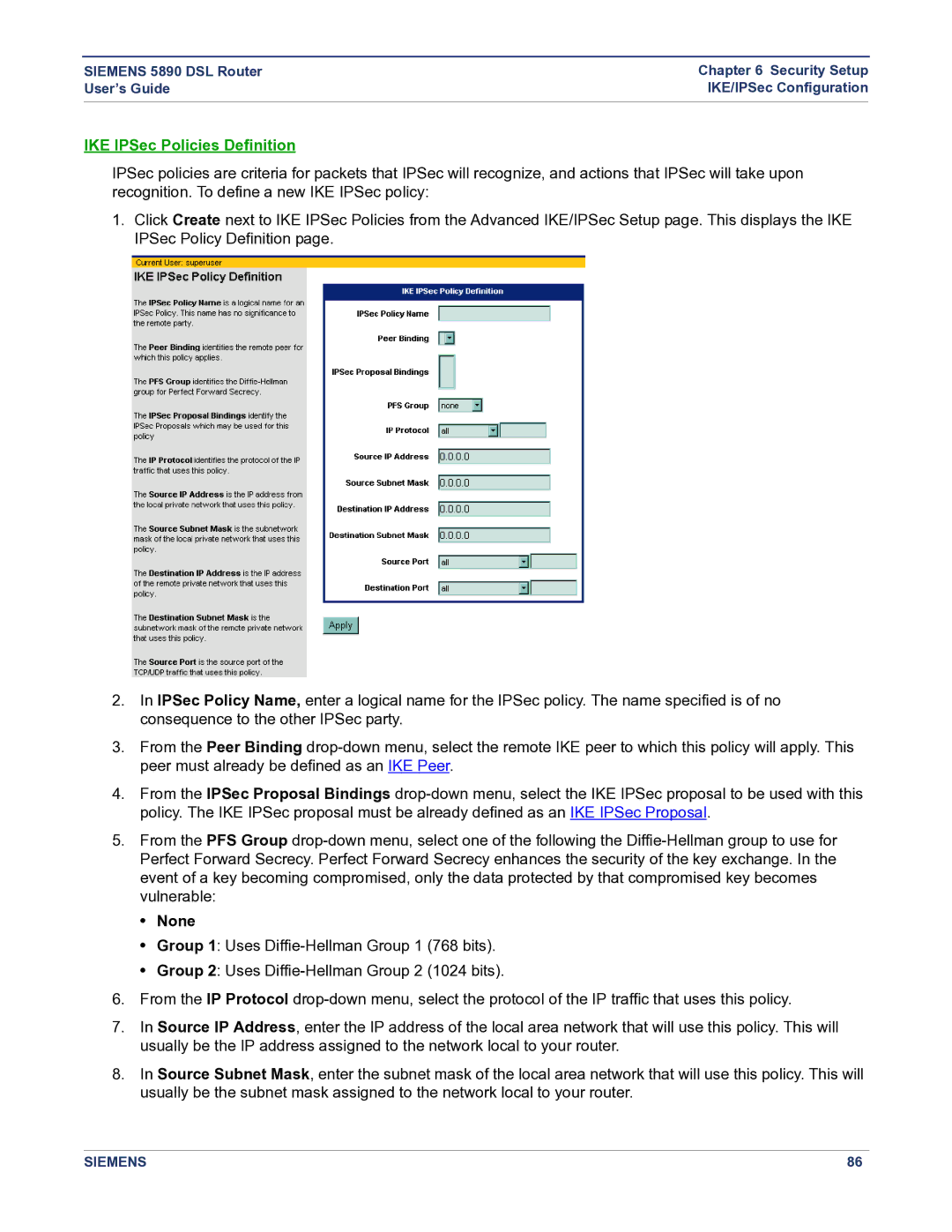 Siemens 5890 manual IKE IPSec Policies Definition 