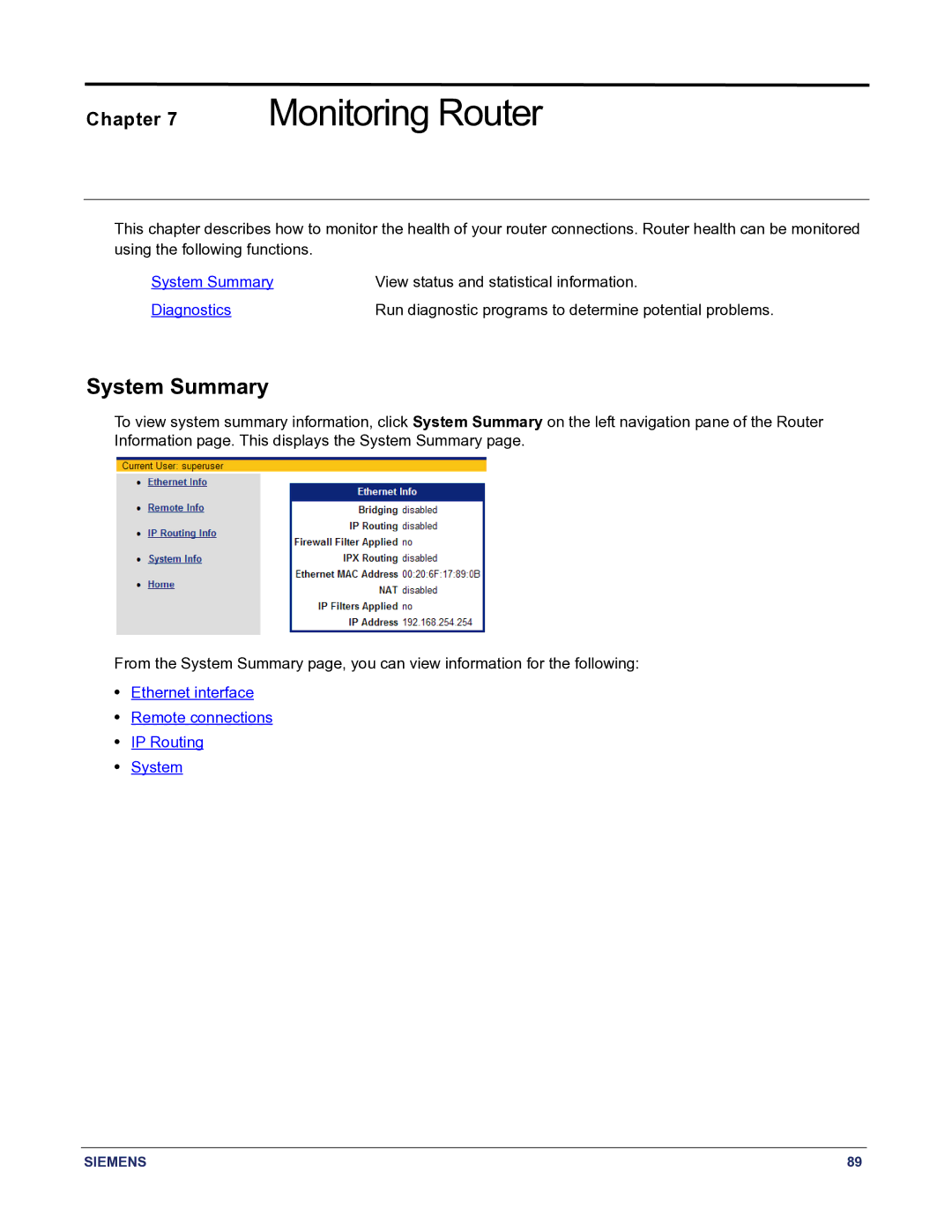 Siemens 5890 manual Monitoring Router, System Summary 