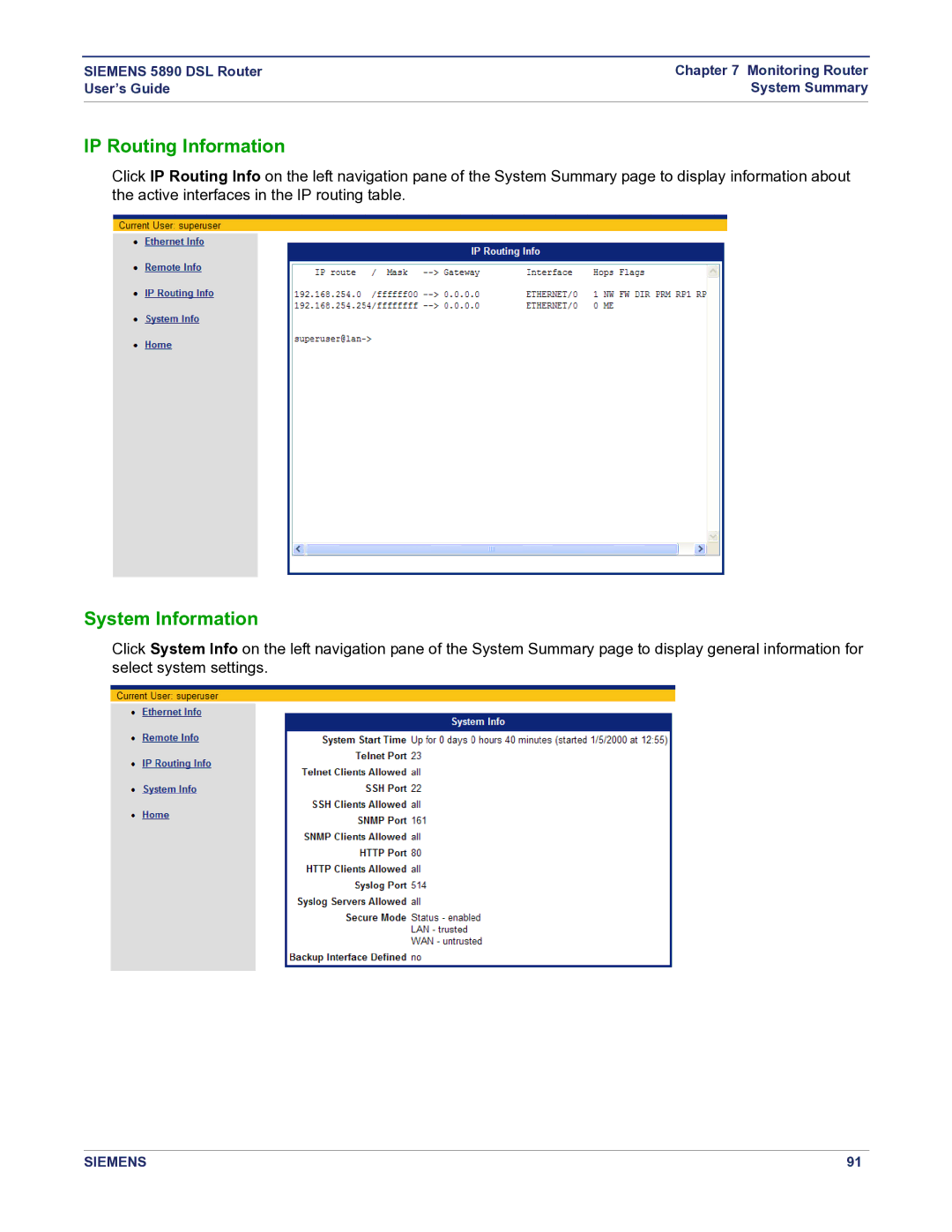 Siemens 5890 manual IP Routing Information, System Information 