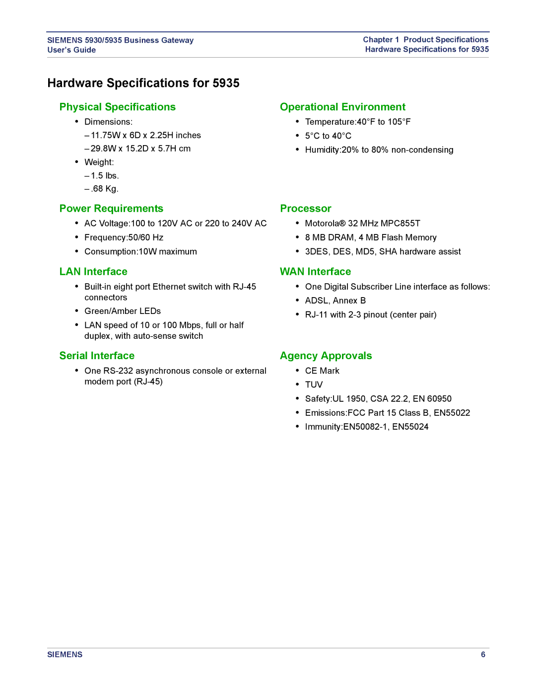 Siemens 5935, 5930 manual Hardware Specifications for 