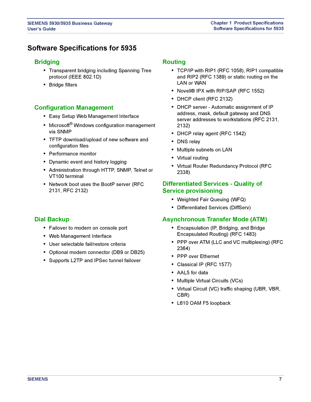 Siemens 5930, 5935 manual Software Specifications for 