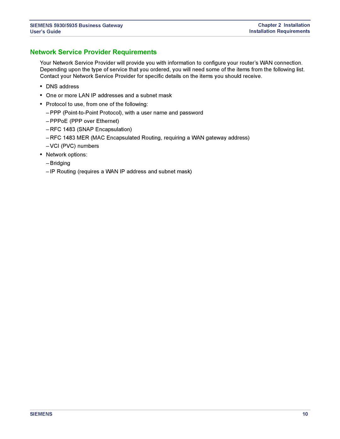 Siemens 5935, 5930 manual Network Service Provider Requirements 