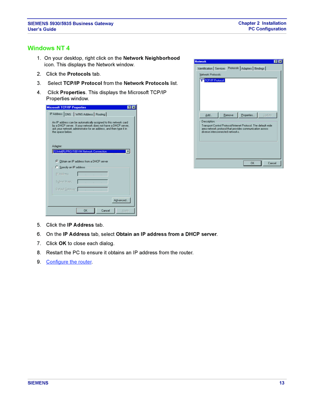 Siemens 5930, 5935 manual Windows NT, Select TCP/IP Protocol from the Network Protocols list 