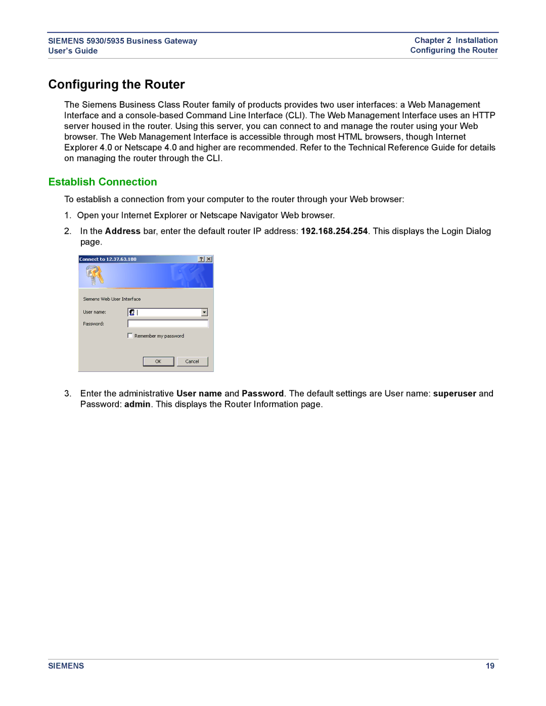 Siemens 5930, 5935 manual Configuring the Router, Establish Connection 