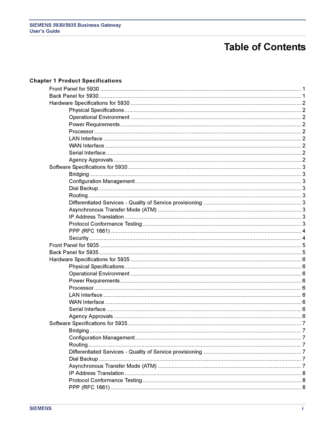 Siemens 5935, 5930 manual Table of Contents 