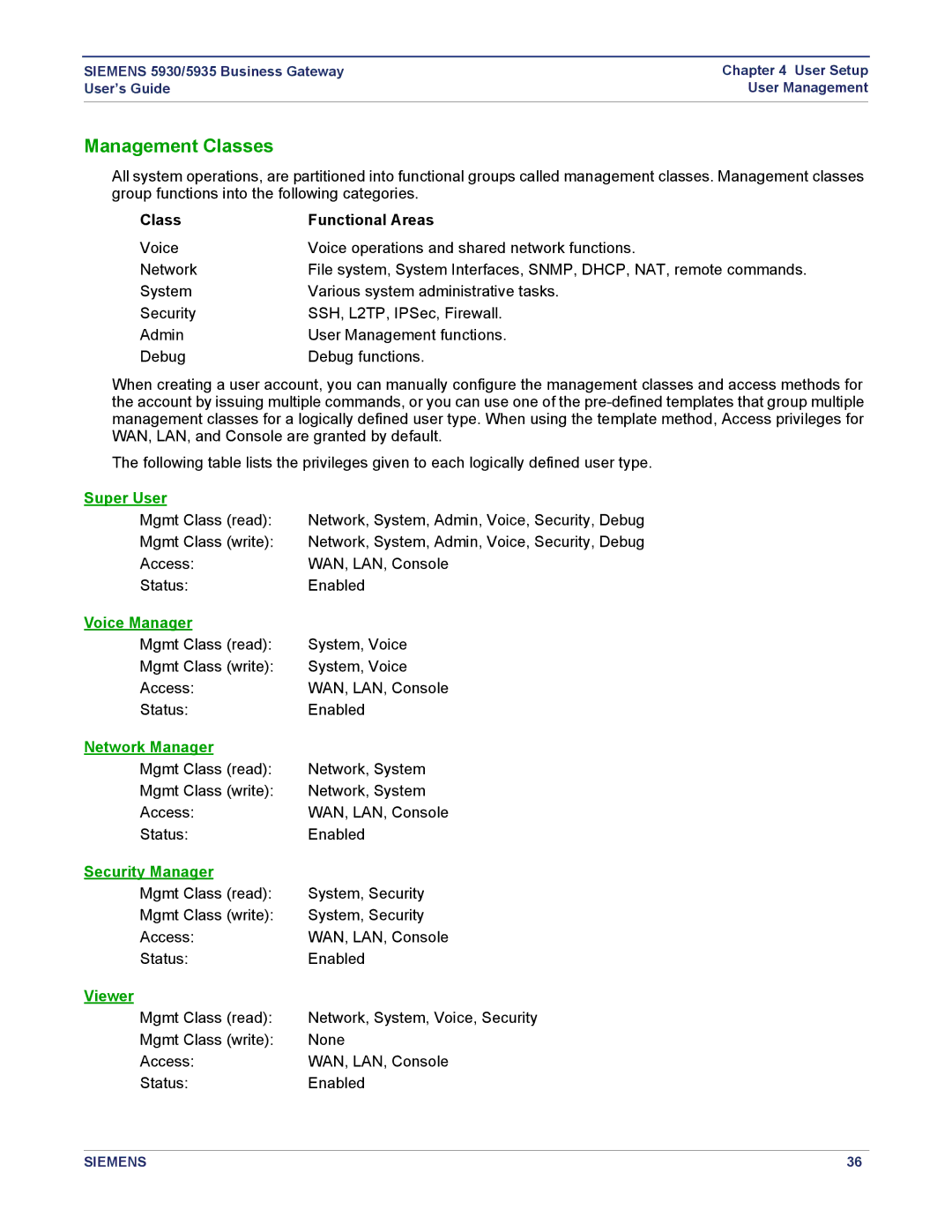 Siemens 5935, 5930 manual Management Classes, Class Functional Areas 