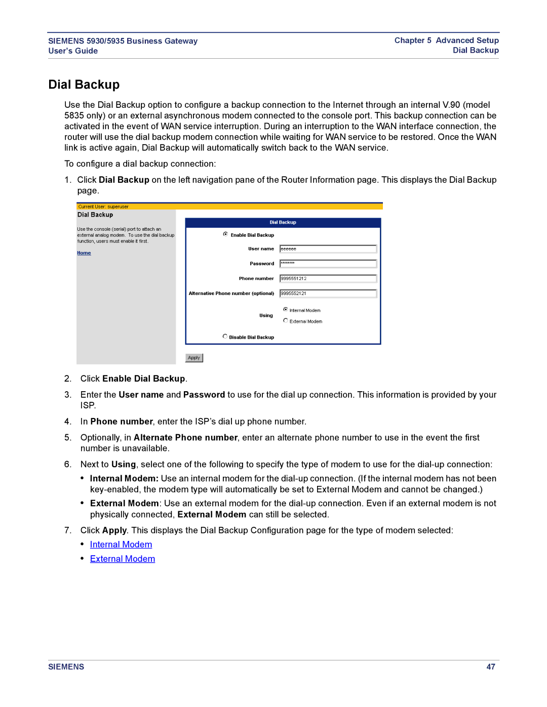 Siemens 5930, 5935 manual Click Enable Dial Backup 