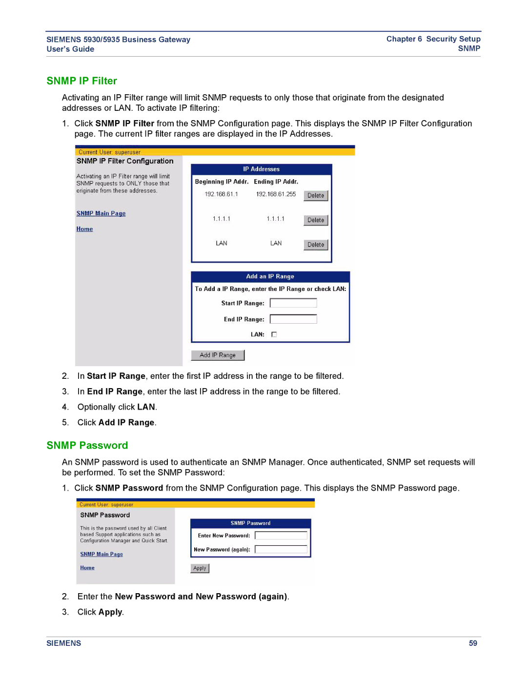 Siemens 5930, 5935 manual Snmp IP Filter, Snmp Password, Click Add IP Range, Enter the New Password and New Password again 