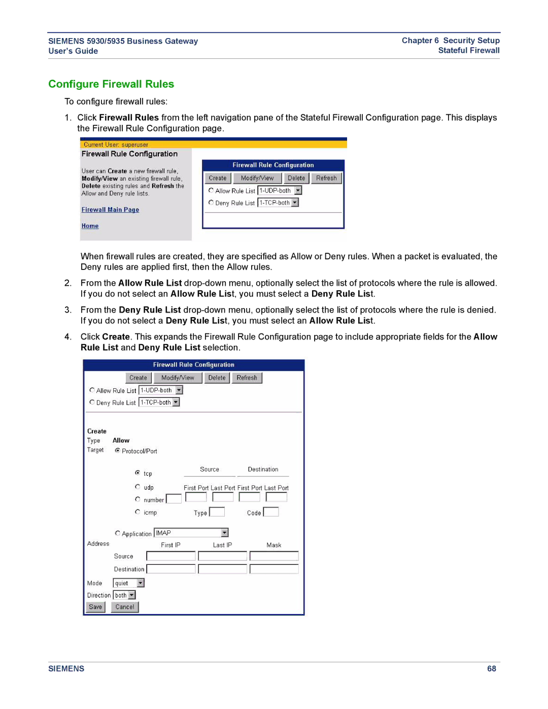 Siemens 5935, 5930 manual Configure Firewall Rules 