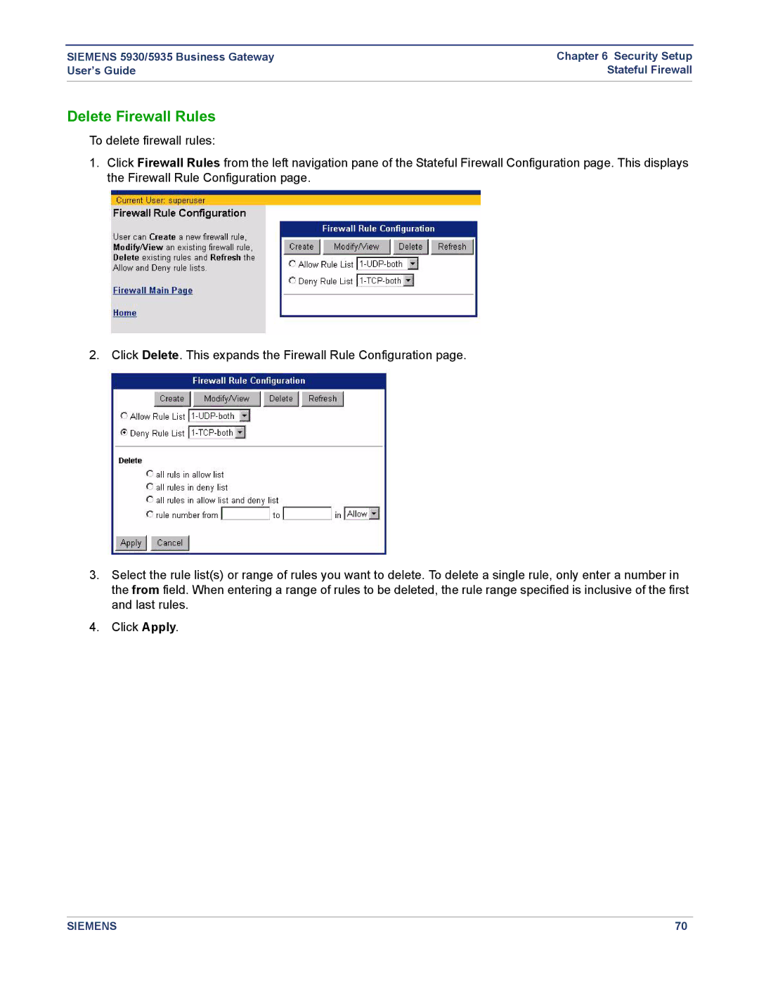 Siemens 5935, 5930 manual Delete Firewall Rules 