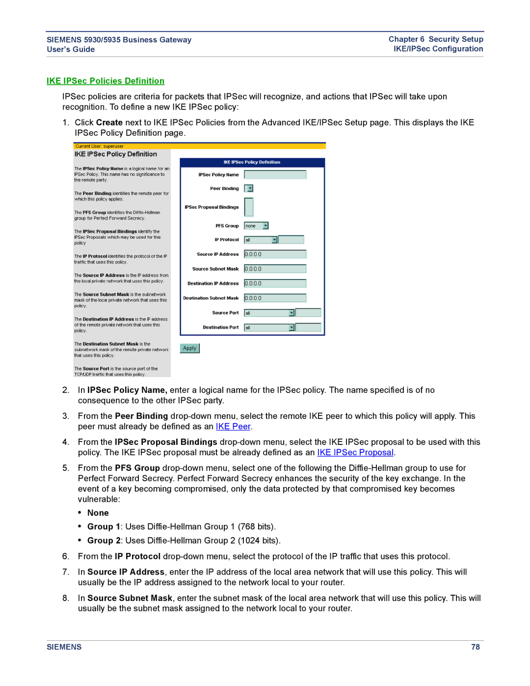 Siemens 5935, 5930 manual IKE IPSec Policies Definition 