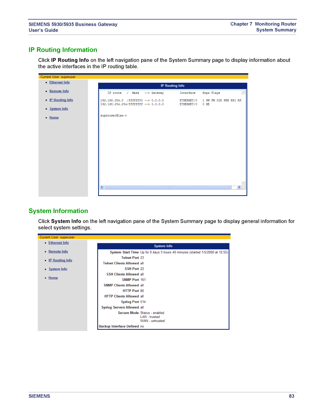 Siemens 5930, 5935 manual IP Routing Information, System Information 