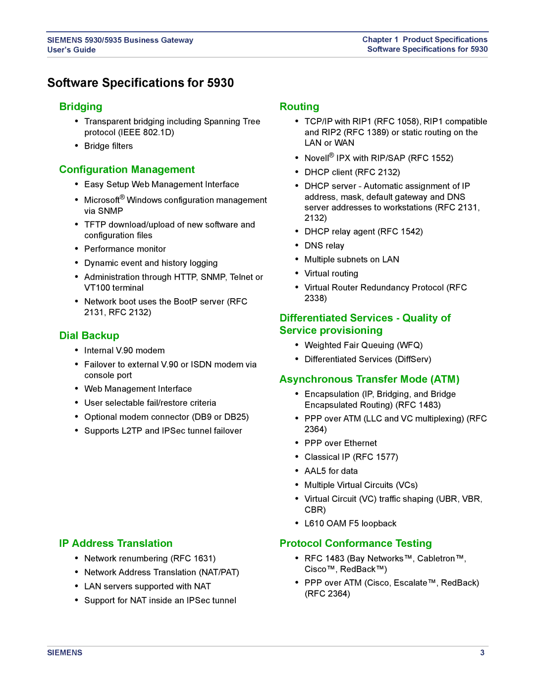 Siemens 5930, 5935 manual Software Specifications for 