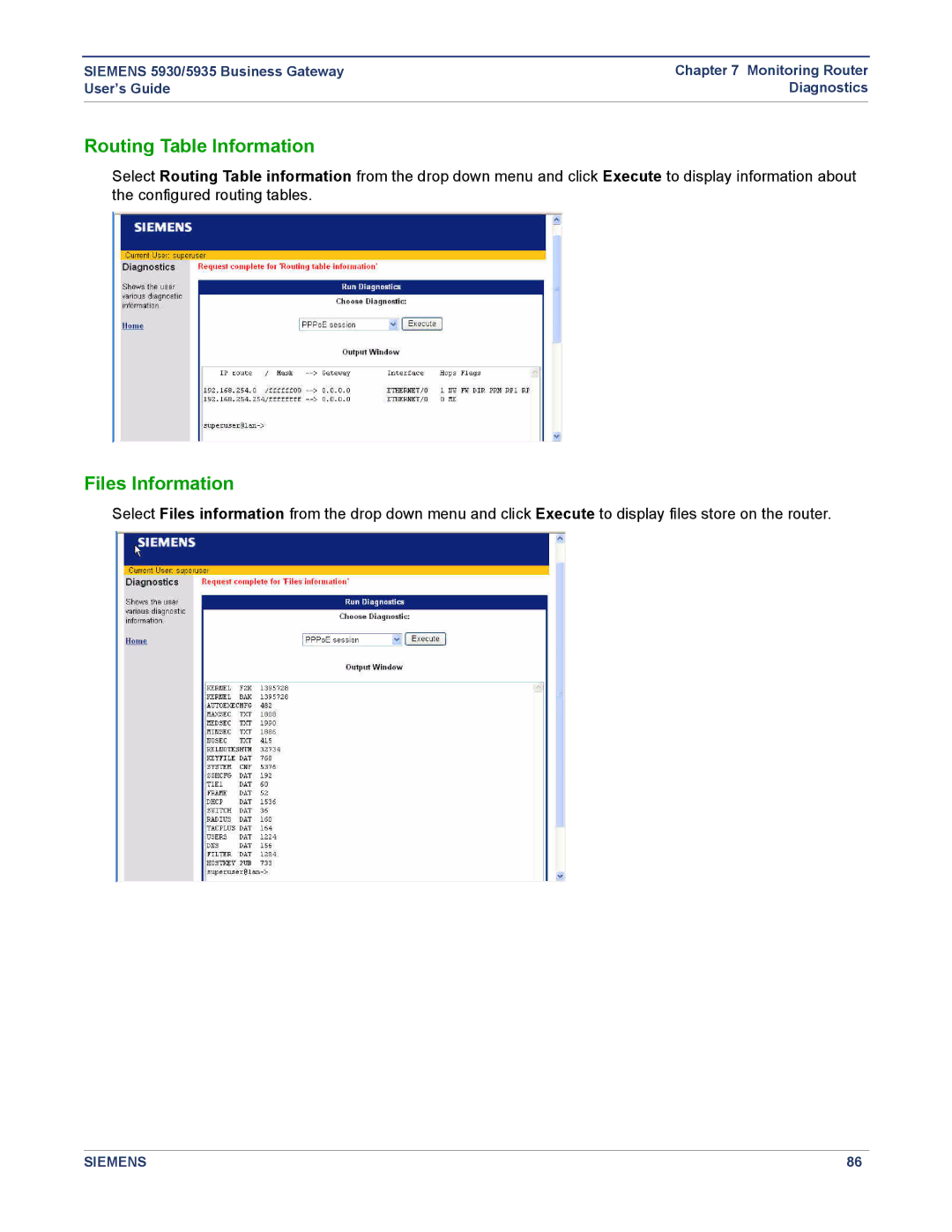 Siemens 5935, 5930 manual Routing Table Information, Files Information 