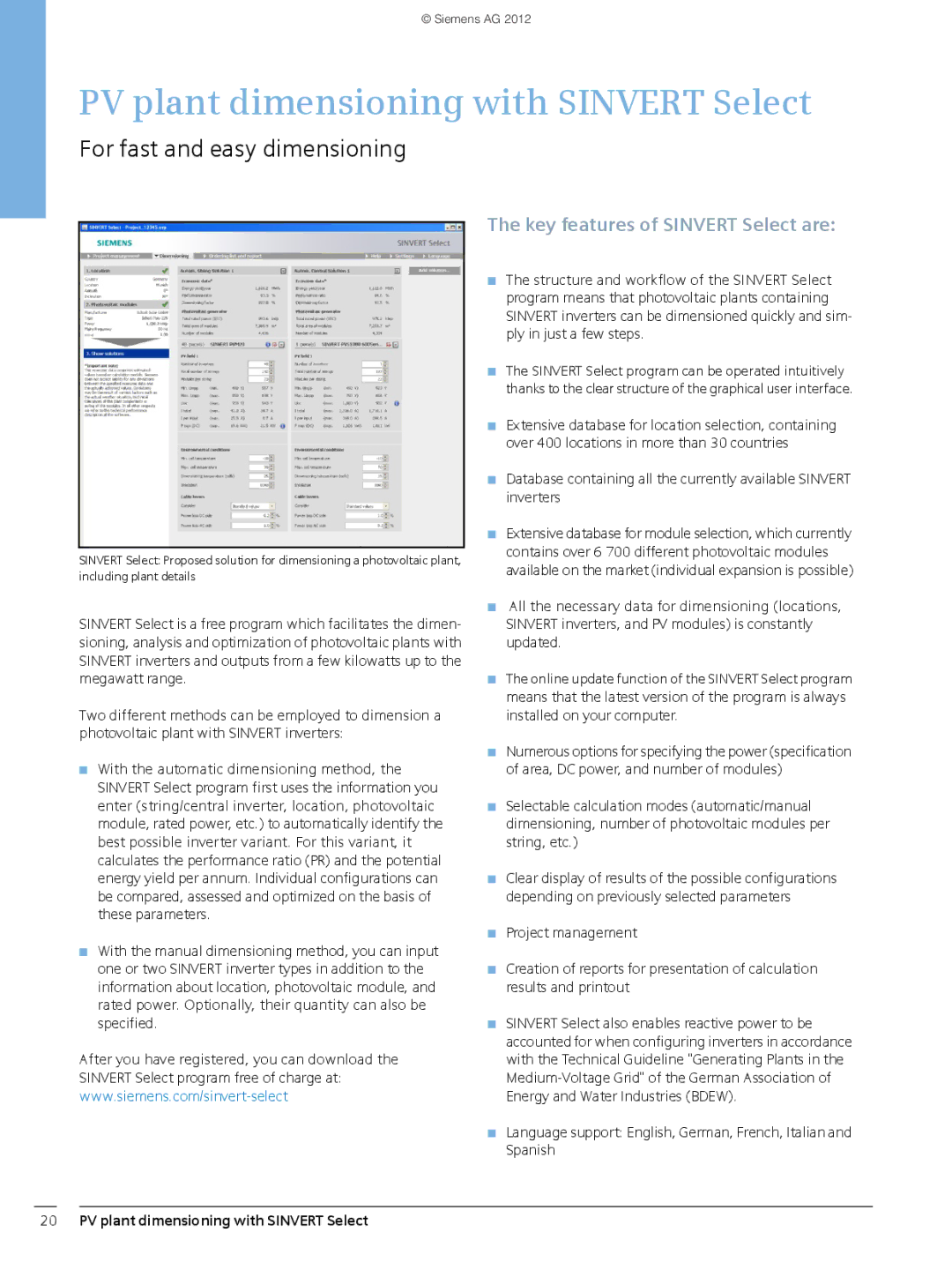 Siemens 600 brochure For fast and easy dimensioning, PV plant dimensioning with Sinvert Select 