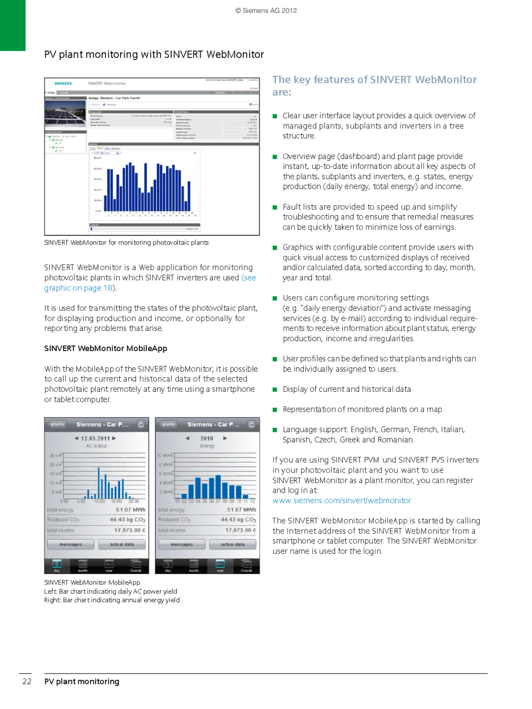 Siemens 600 brochure PV plant monitoring with Sinvert WebMonitor, Sinvert WebMonitor MobileApp 