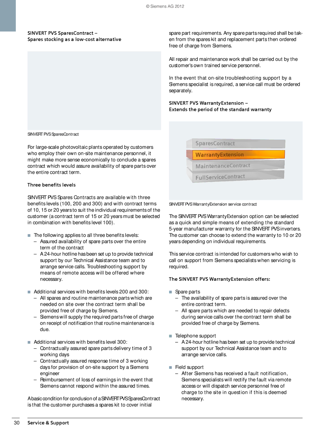 Siemens 600 brochure Sinvert PVS SparesContract, Spares stocking as a low-cost alternative, Sinvert PVS WarrantyExtension 