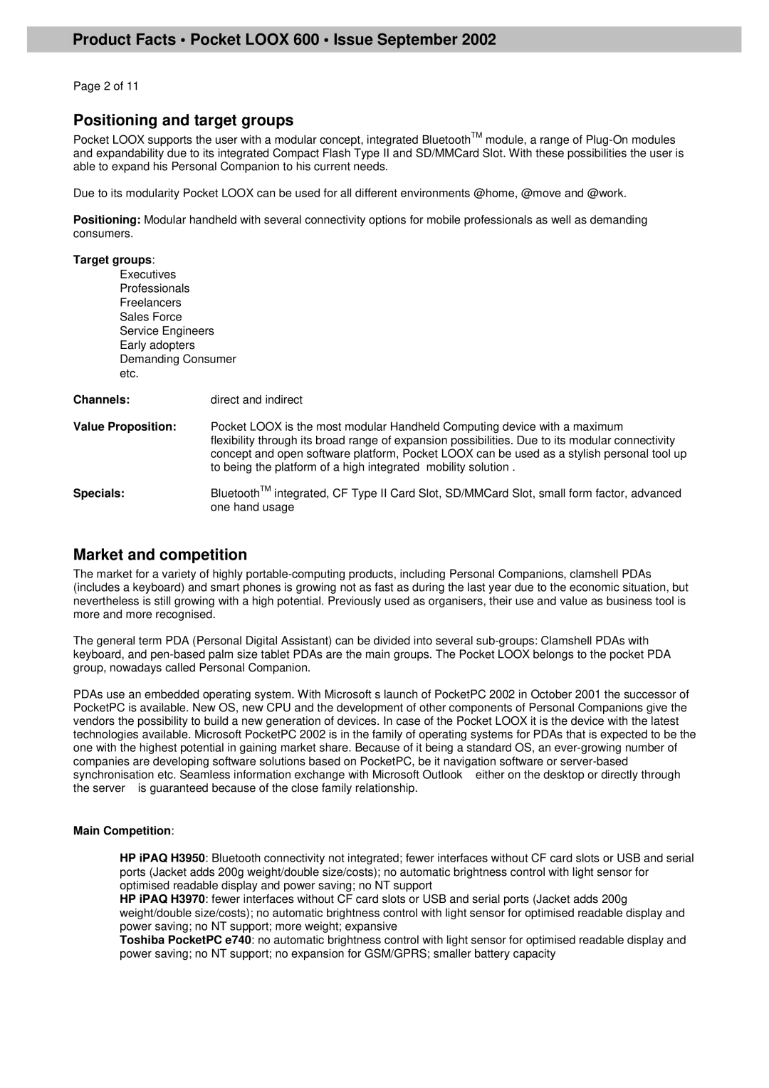 Siemens ProductFacts·PocketLOOX600·IssueSeptember2002, Positioningandtargetgroups, Marketandcompetition, Targetgroups 