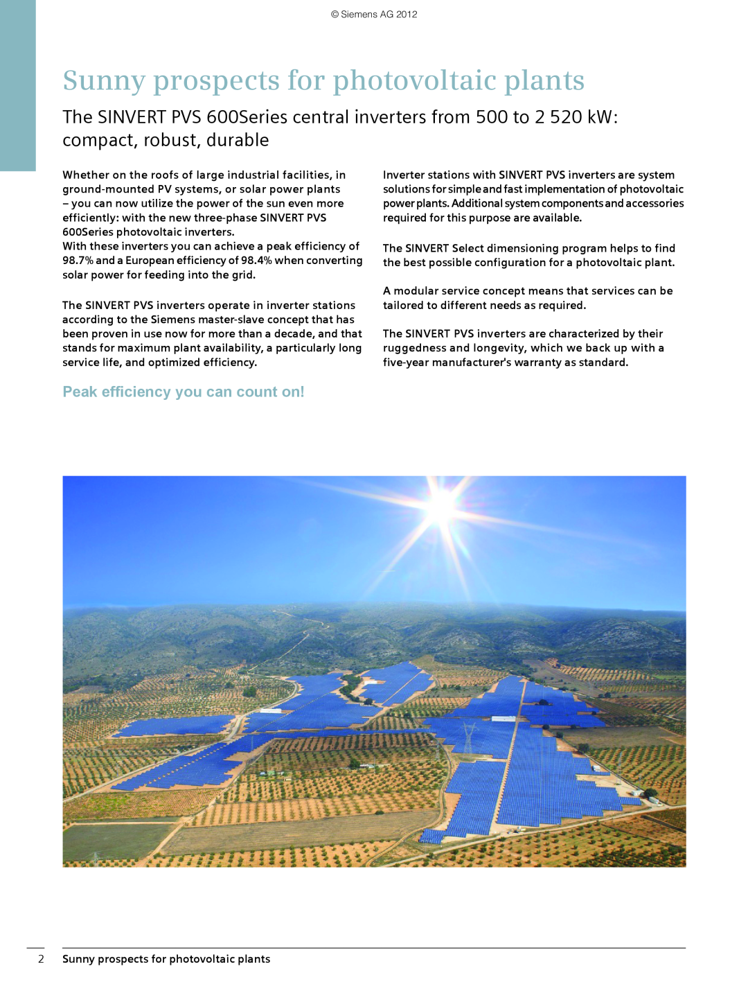 Siemens 600 brochure Peak efficiency you can count on, 2Sunny prospects for photovoltaic plants 