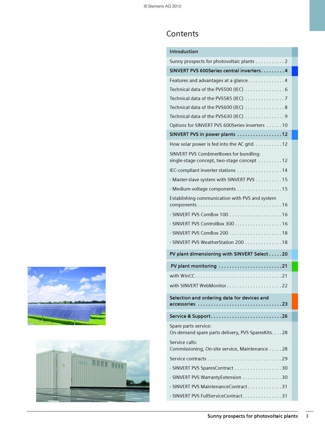 Siemens 600 brochure Contents, Introduction, Sunny prospects for photovoltaic plants 