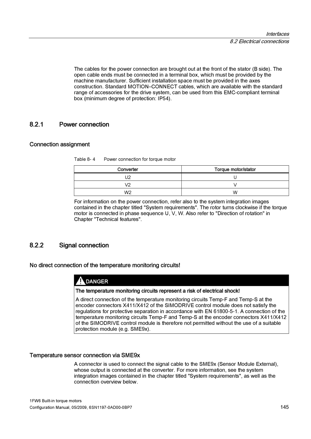 Siemens 611 Power connection, Signal connection, Connection assignment, Temperature sensor connection via SME9x 