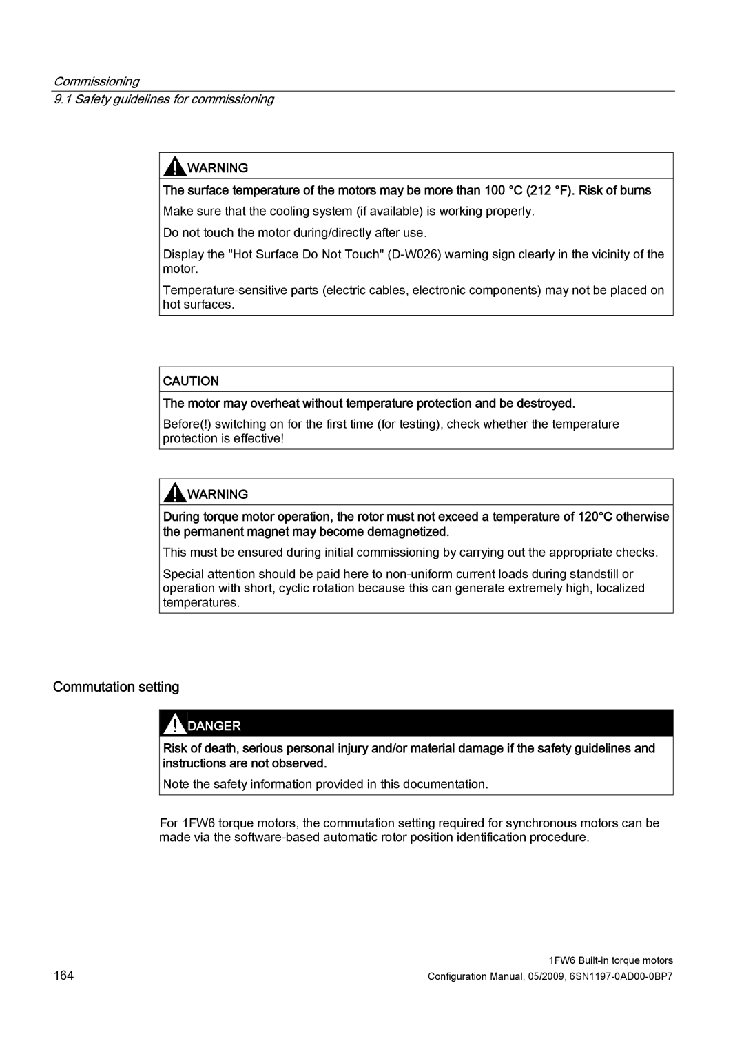 Siemens 611 configurationmanual Commutation setting, Commissioning Safety guidelines for commissioning 