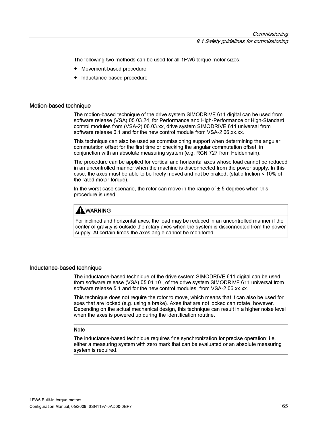 Siemens 611 Motion-based technique, Inductance-based technique, Commissioning 9.1 Safety guidelines for commissioning 