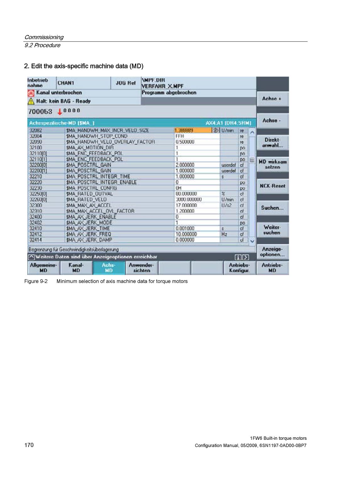 Siemens 611 Edit the axis-specific machine data MD, Minimum selection of axis machine data for torque motors 