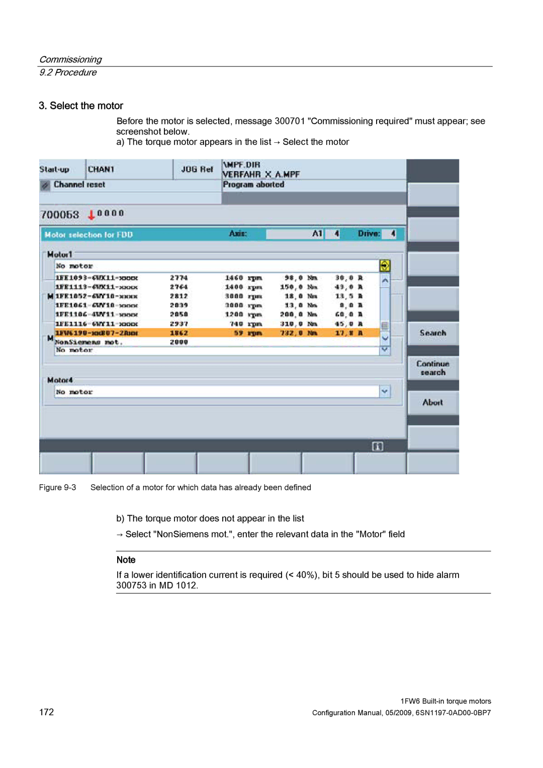 Siemens 611 configurationmanual Select the motor, Selection of a motor for which data has already been defined 