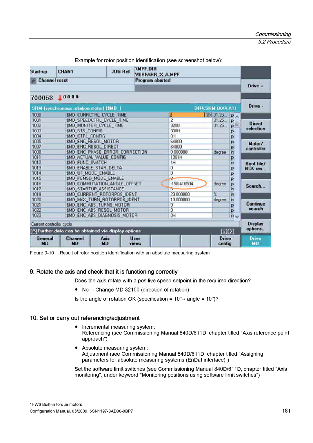 Siemens 611 Rotate the axis and check that it is functioning correctly, Set or carry out referencing/adjustment 