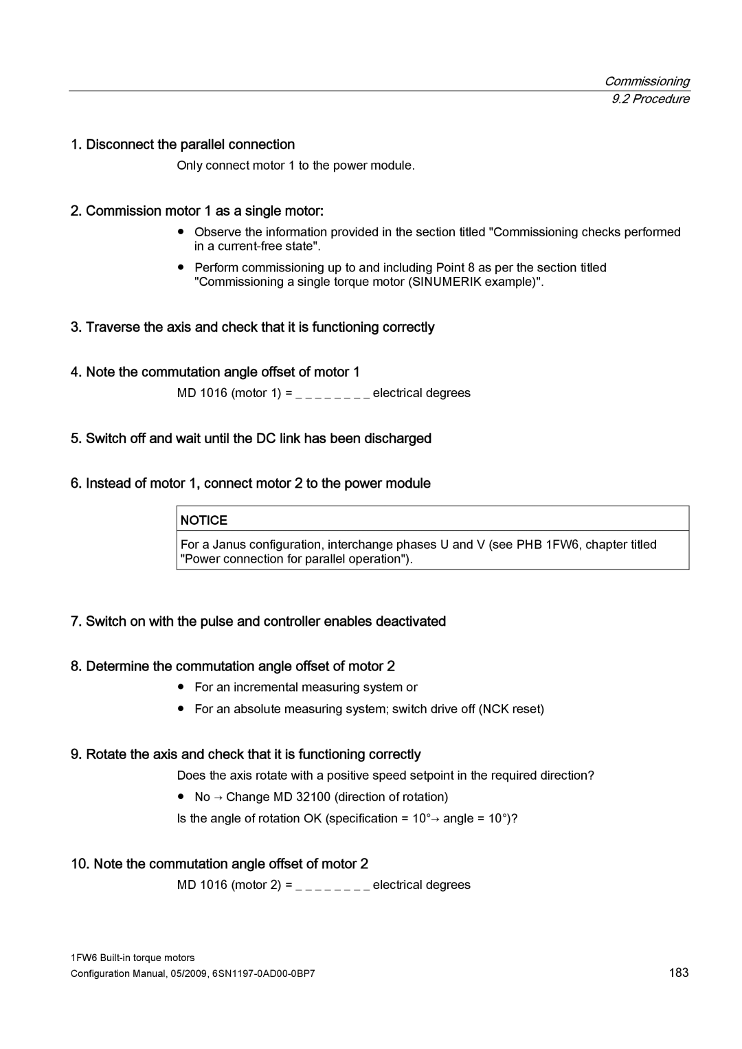 Siemens 611 configurationmanual Disconnect the parallel connection, Commission motor 1 as a single motor 