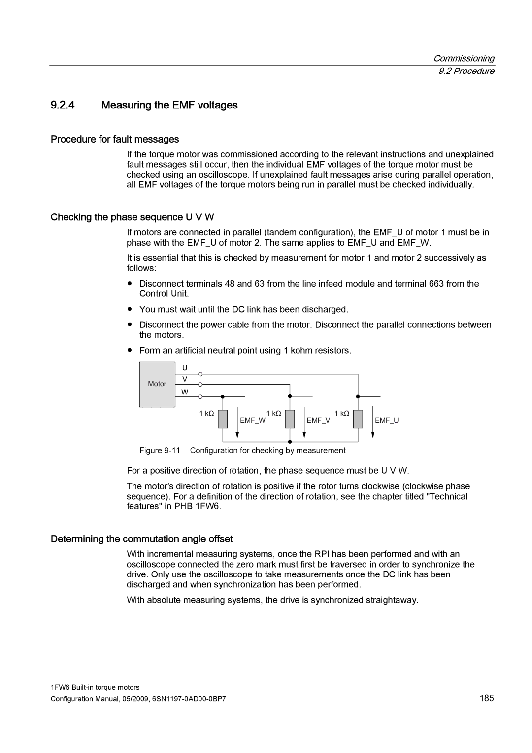 Siemens 611 configurationmanual Measuring the EMF voltages, Procedure for fault messages, Checking the phase sequence U V W 