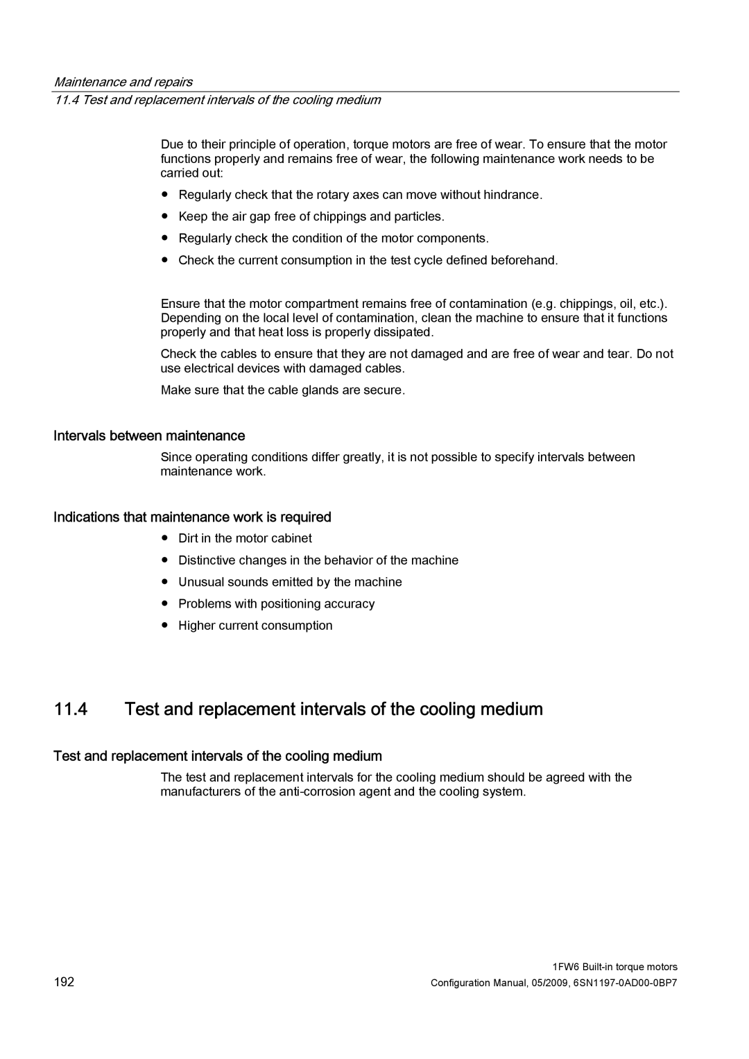 Siemens 611 configurationmanual Test and replacement intervals of the cooling medium, Intervals between maintenance 