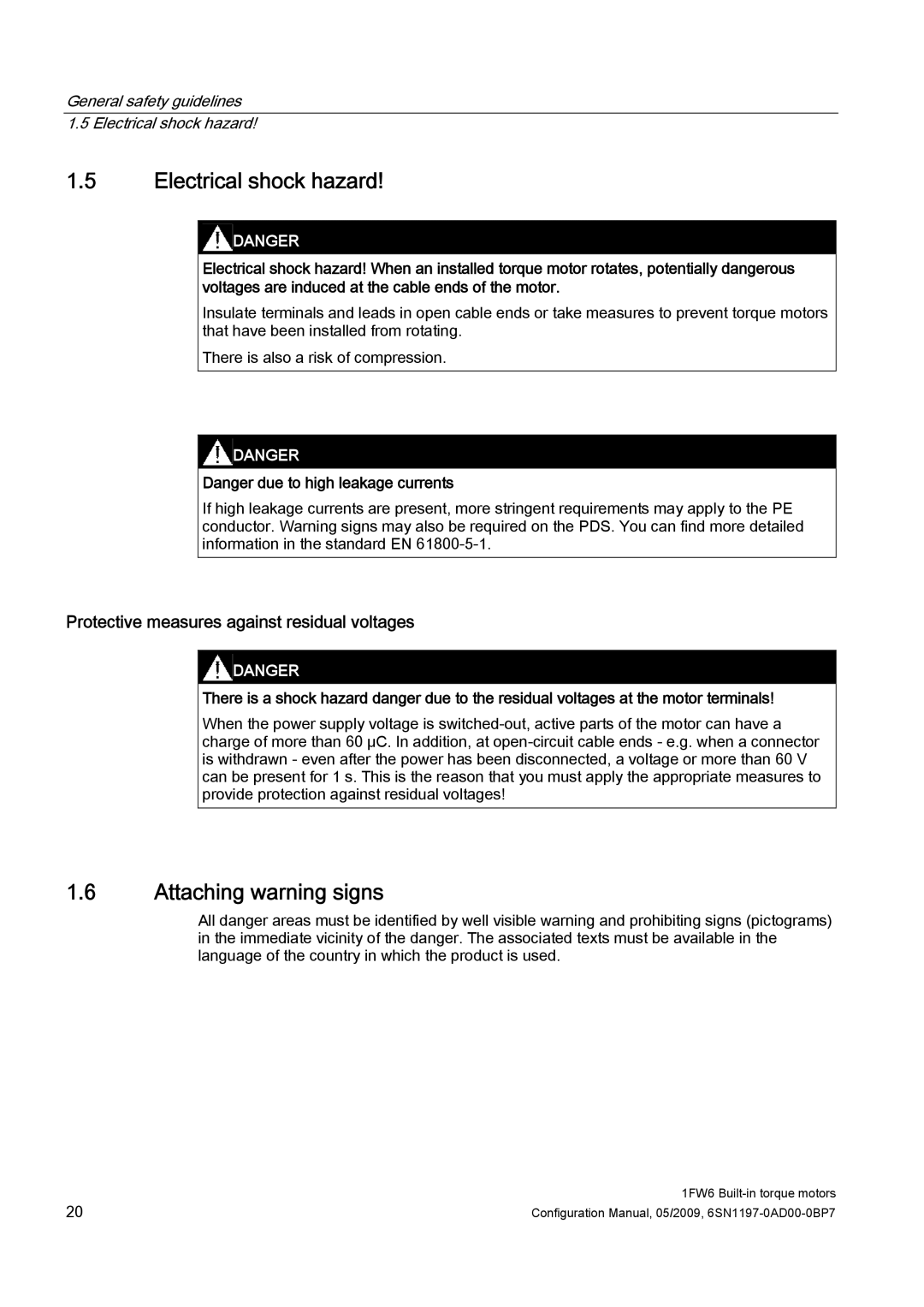 Siemens 611 Electrical shock hazard, Attaching warning signs, Protective measures against residual voltages 